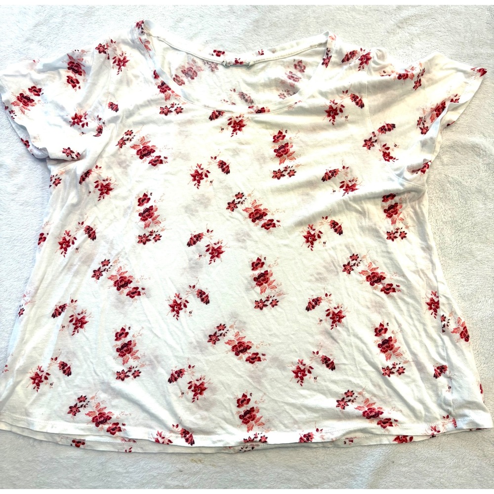 Lucky Brand Floral Scoop‎ Neck T-Shirt White Red Cotton Modal Blend Womens XXL